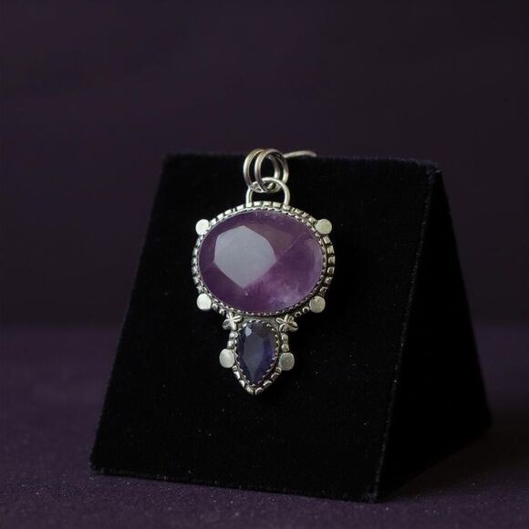 Large Artisan Crafted Amethyst Pendant Necklace Double Stone Sterling Silver New - Picture 2 of 11